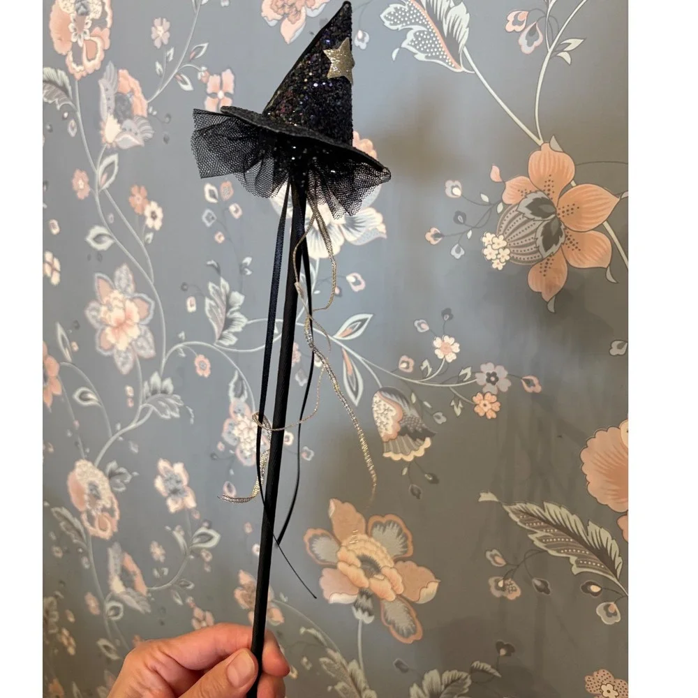 Pink Poppy Witch Hat Wand Black Glitter Stars Tulle Ribbon Halloween Costume NEW